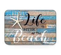 Life is Better at The Beach Door Mat Front Door Welcome Mat Ocean Coastal Starfish Entrance Rug Beach Wood Grain Non Slip Floor Mat for Kitchen Entryway Bathroom Living Room Decor 24 X 16 Inch