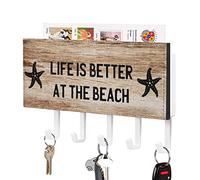 Life is Better at The Beach Key Holder Motivational Wall Mount Key Rack Self Adhesive Key Hanging Rack Rustic Mail Basket Home Decor for Entryway Mudroom Hallway Office 7x4 inch