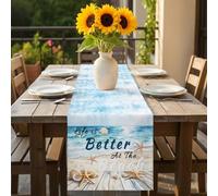 Life Is Better At The Beach Table Runner 16x72 inch Ocean Starfish Plank Cotton Linen Dining Table Runner Ideal for Dresser Kitchen Coffee Tables - Machine Washable