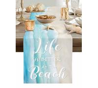 Life Is BETTER at The Beach Table Runner 70 Inches Long, Gradient Teal Green Ocean Beige Beach Washable Table Runners Heat-Insulation Kitchen Dining Table Decorations for Home Party Decor, 13"x70"