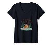 Life is Better at The Cabin Rustic Outdoors Retreat V-Neck T-Shirt, Women, Black, M