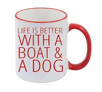 Life is Better with a Boat a Dog Coffee Mugs for Men Women Birthday Presents Motivational Mug Cup Funny Ceramic Cup 11oz Mugs Gifts (Red Rim and Red Handle)