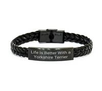 Life is Better with a Yorkshire Terrier Gift for Men from Friends this Christmas - Interlaced Leather Bracelet, Engraved Stainless Steel