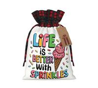 Life is Better with Ice Cream Sprinkles Christmas Drawstring Bags Xmas Wrapping Storage Bag with Tags Small