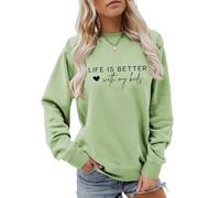 Life Is Better with My Kids Sweatshirt for Women Funny Love Heart Print Shirts Long Sleeve Coat Tops (L,Olive Green)