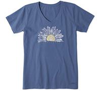 Life Is Good Crusher Graphic V-Neck Watercolor Daisy T-Shirt, Vintage blue, XS