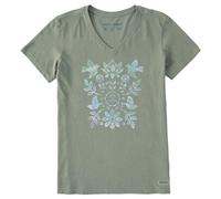 Life is Good Women's Crusher T, Short Sleeve Cotton Graphic Tee Shirt, Folk Art Garden Tie Dye, Moss Green, L