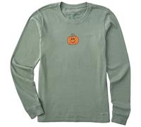 Life is Good Womens Crusher Tee Shirt, Long Sleeve Cotton Graphic T-Shirts, Smiley Pumpkin, Moss Green, XXL