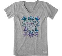 Life Is Good Women's Folk Art Garden Tie Dye Short Sleeve Crusher Vee T-Shirt, Heather Gray, Large