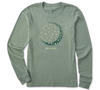 Life Is Good Women's Standard Crusher T, Long Sleeve Cotton Graphic Tee Shirt, Crescent Moon Daisies, Moss Green