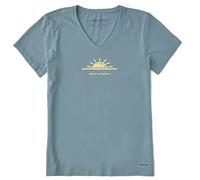 Life is Good. Women's Vintage Hello Sunshine Short Sleeve Crusher Vee, Smoky Blue, Smoky Blue, M