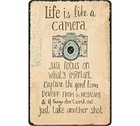Life Is Like A Camera Vintage Tin Sign Camera Art Modern Wall Decor Inspirational Quote Sign Motivational Poster Plate Decor For Home Office Bedroom Living Room Cafe Bar Housewarming Gift 5.5x8 Inch