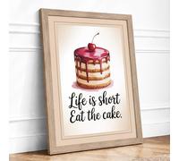Life Is Short, Eat The Cake Typography Framed Wall Art Print A2 (59.4×42cm) Oak, Wall Decor for Living Room, Bedroom, Office & Home, Ready to Hang, Art Gift