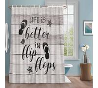 LIFE IS Shower Curtain with 12 Hooks BETTER IN FLIP FLOPS Starfish Wood Grain Waterproof Fabric Shower Curtains Sets for Bathroom Bath Decorations, Machine Washable, 72"x96"
