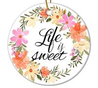 Life Is Sweet Flower Wreath Christmas Ceramic Ornaments Merry And Bright Ceramic Christmas Keepsake 3 Inch Christmas Wreath Vintage Christmas Memrable Ornament Gift For Decorating Christmas Home