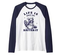 Life is What You Batter It Retro Cute Raccoon Raglan Baseball Tee