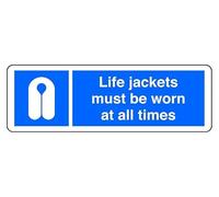 Life Jackets Must Be Worn At All Times - safety sign - 1.2mm Rigid plastic for indoor/outdoor usage (600mm x 200mm) Viewing Distance within 14m.