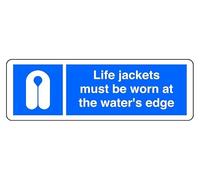 Life Jackets Must Be Worn At The Water'S Edge - safety sign - High tack self-adhesive sticker (450mm x 150mm) Viewing Distance within 7m.