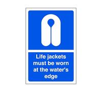 Life jackets must be worn at the water's edge - safety sign, ppe clothing, ppe, boat safety - 1.2mm Rigid plastic for indoor/outdoor usage (300mm x 200mm) Viewing Distance within 7m.