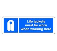 Life Jackets Must Be Worn When Working Here - safety sign - 1.2mm Rigid plastic for indoor/outdoor usage (600mm x 200mm) Viewing Distance within 14m.