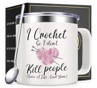 Lifecapido Crochet Gifts, I Crochet So I Don't Kill People Save A Life Send Yarn 14oz Insulated Coffee Mug, Christmas Gifts Birthday Gifts for Women Crocheters Knitters, Creamy