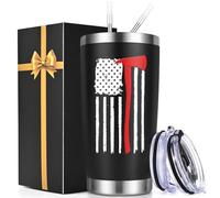 Lifecapido Firefighter Gifts for Men, Red Line Flag Travel Tumbler with Lid & Straw, Firefighter Gifts for Husband Brother Friends Dad on Christmas Birthday(20oz, Black)