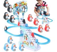 LIFECOSM Electric Penguin Climbing Stairs Toys,with 12 Penguin Toys,Race Track Game with Music and Flashing LED Lights,Slide Roller Coaster Toys for Kids(Include Battery)