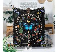Lifeel Blue Butterfly Moon Flower Fleece Throw Blanket, Botanical Floral Plant Boho Cozy Decor Nap Blankets for Sofa Bed Couch Chair or Dorm Throws 68×90 inch