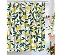 Lifeel Lemon Shower Curtains, Allover Fruits Shower Curtain Green Leaves Plant Design Waterproof Fabric Bathroom Shower Curtain Set with 12 Hooks, Green Yellow 72"×72"