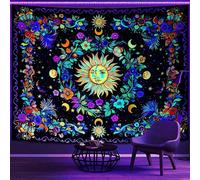 Lifeella Blacklight Sun and Moon Tapestry, Glow in The Dark UV Reactive Wall Decor, Aesthetic Bohemian Tapestries for Bedroom Living Room, Mystic Floral Art 60×80 inches