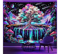 Lifeella Blacklight Tree of Life Waterfall Tapestry, Glow in the Dark Fantasy Mushroom Wall Art, Mystic Nature Space Decor for Living Room Bedroom, 36x48 inches
