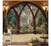 Lifeella Fantasy Castle Window Tapestry, Magic Woodland Scene Large Wall Backdrop, Fairytale Moon Mural for Bedroom Dorm Living Room Decor, 36x48 inches