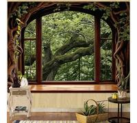 Lifeella Forest Window Tapestry, Nature Outdoor Tree Wall Backdrop, Woodland Scene Large Mural for Bedroom Living Room Office Decor, Green 60x80 inches