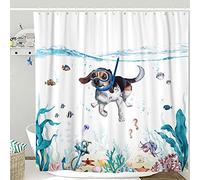 Lifeella Funny Dog Shower Curtain Teal Blue Sea Ocean Waterproof Fabric Shower Curtains for Bathroom with Animal Octopus Starfish Turtle Anchor Fish Nautical Bathroom Curtain (Dog)