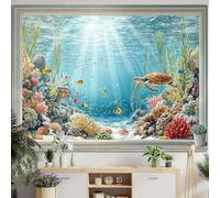 Lifeella Under the Sea Window Tapestry, Coastal Turtle Ocean Mural, Nautical Wall Backdrop for Bedroom Dorm Living Room Decor, 44x60 inches