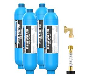 Lifefilter RV Inline Water Filter with Solid Brass 90 Degree Hose Elbow, Eliminates Stress and Strain On RV Water Intake Hose Fittings(4 Pack)