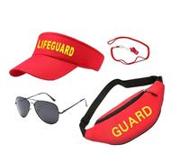Lifeguard Costume - Retro Beachwear Uniform, Adjustable Summer Outfit, Red Baywatch Inspired Set, Includes Sunglasses Whistle Visor and Pouch | for Poolside Cosplay Themed Events Holiday Beach