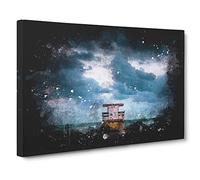 Lifeguard Hut on Miami Beach Florida Paint Splash Canvas Print | Gallery Wrapped 30mm Frame Wall Art | 30x20 inches | Ready to Hang | Modern Seascape Picture | Living Room Bedroom Lounge Office