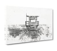Lifeguard Station Upon The Beach Watercolour Canvas Print | Gallery Wrapped 30mm Frame Wall Art | 20x14 inches | Ready to Hang | Modern Seascape Picture | Living Room Bedroom Lounge Office