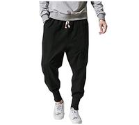 LifeHe Men Linen Drop Crotch Wide Leg Baggy Harem Pants - Black -