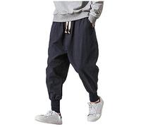 LifeHe Men Linen Drop Crotch Wide Leg Baggy Harem Pants, Blue, X-Small
