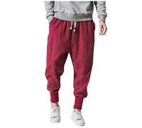 LifeHe Men Linen Drop Crotch Wide Leg Baggy Harem Pants - Red -