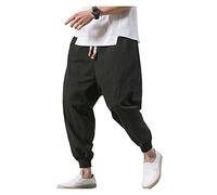 LifeHe Men's Hip Hop Harem Pants Joggers Linen Drawstring Elastic Waist Baggy Drop Crotch Sweatpants Trousers, Black, Large