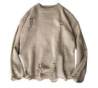 LifeHe Men's Ripped Sweater Pullover Oversized Distressed Knit Jumpers Tops, Khaki, Medium