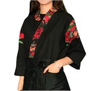 LifeHe Mens Women Patchwork Sushi Chef Jacket Japanese Kitchen Uniform Sushi Workwear Printed Kimono Cardigan - Red - Medium