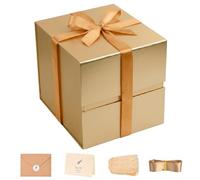 LIFELUM Gold Square Gift Box with Magnetic Closure 8.6 x 8.6 x 8.6 inch, 1 Pack Luxury Gift Box Includes Ribbon, Card, Shredded Paper Filler for Graduation, Birthday, Wedding Gifts