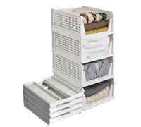 Lifemaison 4 Pack Wardrobe Storage Organiser Stackable Drawer Organiser Collapsible Storage Boxes,Foldable Plastic White Wardrobe Shelves Closet Organiser for Cabinet,Pantry,Closet, Bedroom,Bathroom