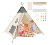 Lifemaison Teepee Tent for Kids With Inner Pocket and flags,Unique Reinforcement Part,Foldable Play Tent Canvas Childrens Tents for Girls Boys,Portable Wigwam Indoor/Outdoor Tipi Play Tent