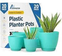 Lifemaster Planter Pots with Drainage Holes - Lightweight, Durable, and Space-Saving Pots for Indoor and Outdoor - Versatile Functionality, Simple Modern Design, Set of 20 Plastic Planter Pots - Aqua
