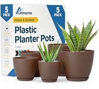 Lifemaster Planter Pots with Drainage Holes - Lightweight, Durable & Space-Saving Pots for Indoor and Outdoor - Versatile Functionality, Simple Modern Design, Set of 5 Plastic Planter Pots - Brown